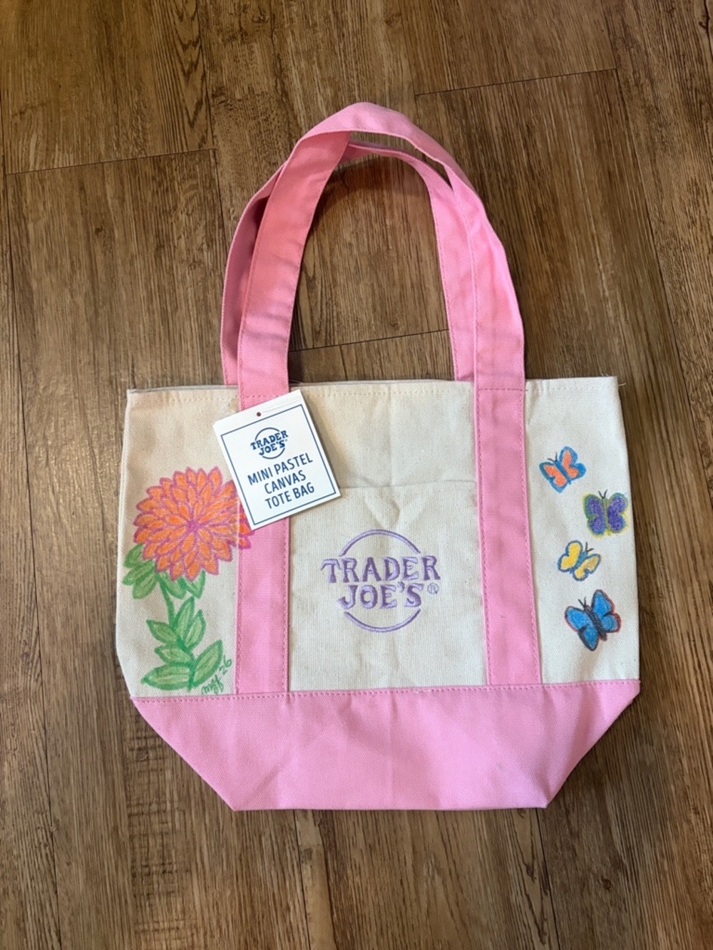 TRADER JOE’S Mini Pink Canvas Tote w/ Floral & Butterfly Art by @sails66 13”x11”